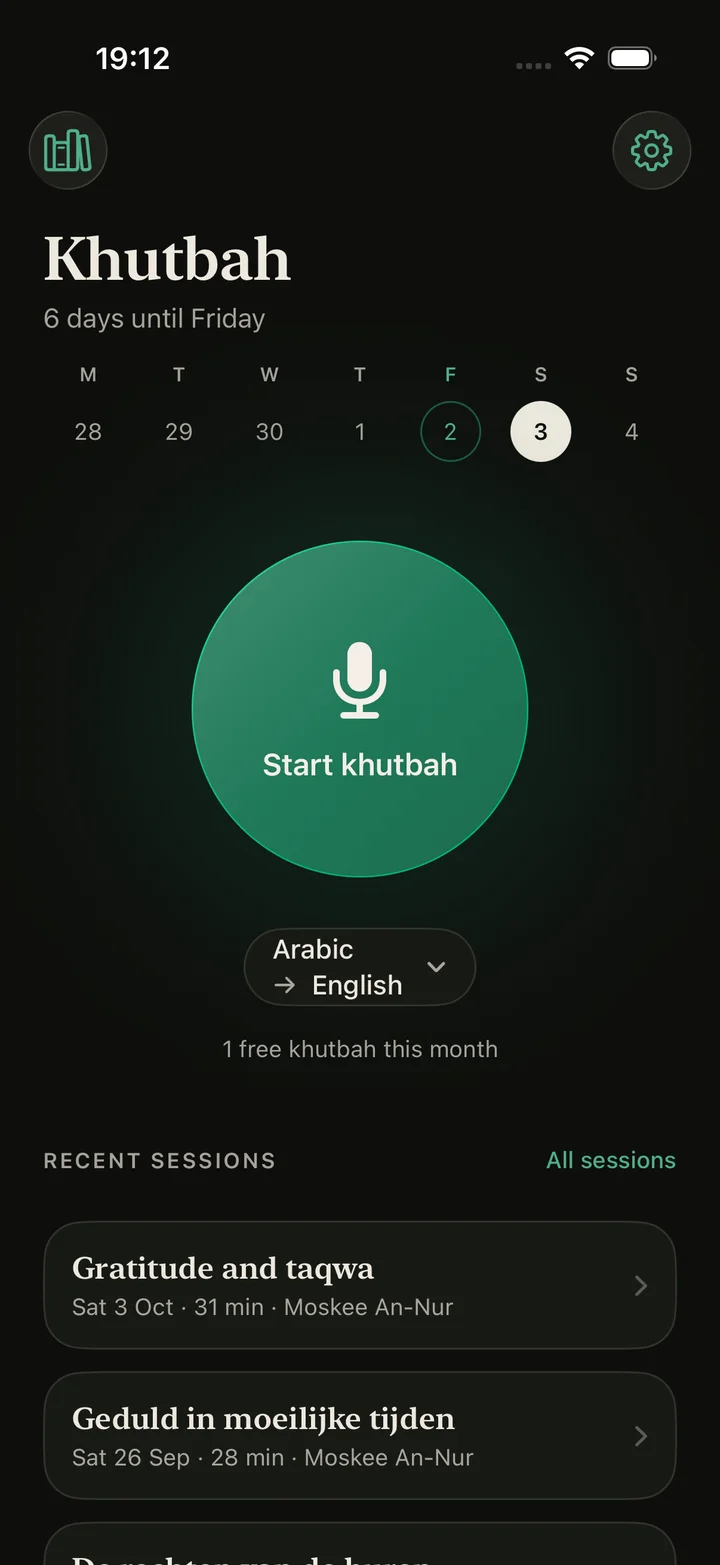 The home screen with the start button and the latest sessions