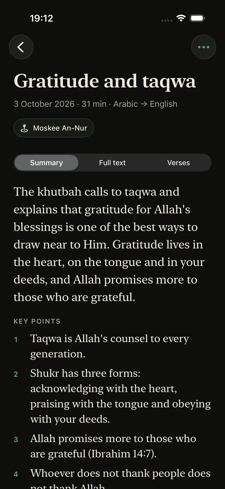 The summary of a khutbah with numbered key points