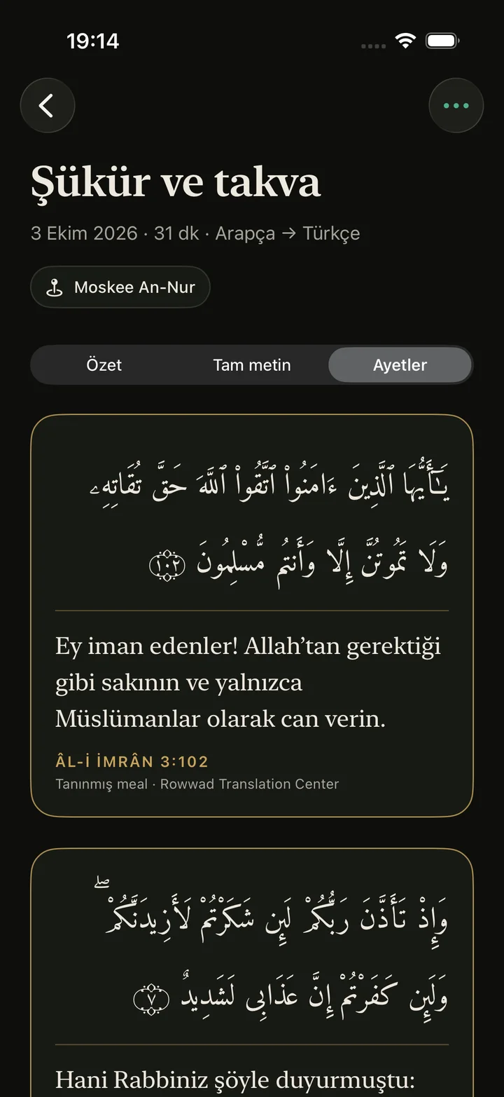 Arapça bir Kur’an ayeti ve Türkçe mealiyle Ayetler sekmesi
